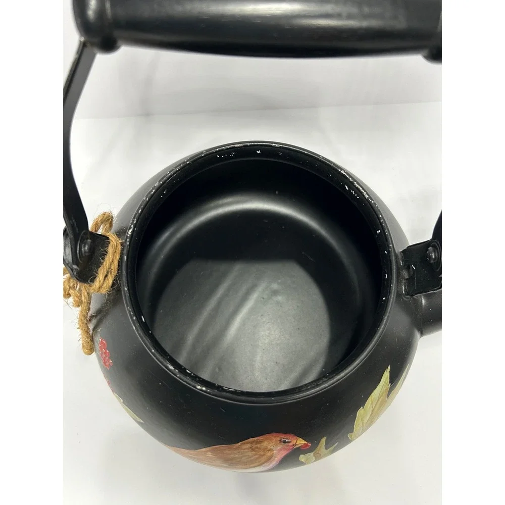 Hand Painted Matte‎ Black Tea Kettle Bird and Red Berries Decorative Farmhouse